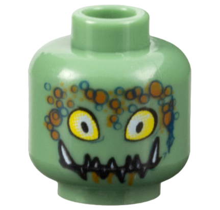 Minifigure, Head Alien with Large Yellow Eyes, Sharp White Teeth, Blue Circles, and Orange Splotches Pattern