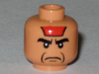 Minifigure, Head Male Angry Black Eyebrows, Red Paint on Forehead, Jowl Lines Pattern
