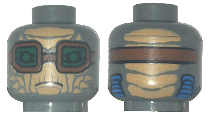Minifigure, Head Alien SW Weequay with Nougat Face, Large Eyes, Reddish Brown Goggles with Green Lenses, Frown, Blue Tubes on Back Pattern