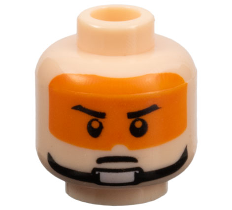 Minifigure, Head Male Stern Black Eyebrows, Pupils, Orange Visor and Chin Strap Pattern