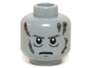 Minifigure, Head Dark Bluish Gray Eyebrows, Creases Under Eyes, Chin Dimple and Scars, Dark Red Burns, Angry Frown Pattern