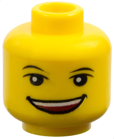 Minifigure, Head Black Thin Eyebrows, Upper Eyelids, Wide Open Mouth Smile with Top Teeth and Red Inside Pattern