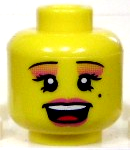 Minifigure, Head Female Black Thin Eyebrows, Eyelashes, Dark Pink Eye Shadow and Lips, Beauty Mark, Open Mouth Smile with Top Teeth and Red Tongue Pattern