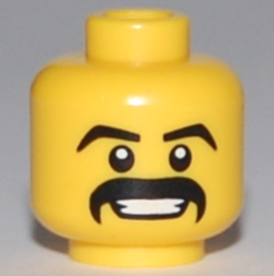 Minifigure, Head Black Angled Eyebrows and Thick Moustache, Open Mouth Smile with Teeth Pattern