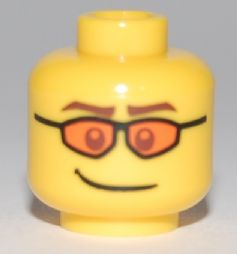 Minifigure, Head Glasses with Orange Sunglasses, Brown Eyebrows and Crooked Smile Pattern
