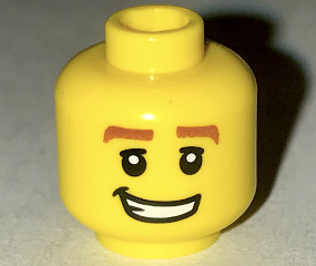 Minifigure, Head Male Thick Reddish Brown Eyebrows, White Pupils and Lopsided Grin with Teeth Pattern