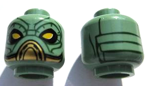 Minifigure, Head Alien SW Kyuzo with Large Yellow Eyes, Black Eye Shadow, Gold Mouth Cover, Dark Green Wrinkles and Lines on Back Pattern