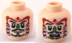 Minifigure, Head Dual Sided Black Eyebrows, Trimmed Moustache, Soul Patch and Goatee, Upper Eyelids, Dark Red Face Paint with Blue Eyes, Dark Green Nose, Grin / Scared Open Mouth with Top Teeth and Tongue Pattern