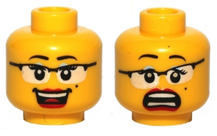 Minifigure, Head Dual Sided Female Black Eyebrows, Eyelashes, Beauty Mark and Glasses with White Lenses, Bright Light Blue Eye Shadow, Red Lips, Open Mouth Smile with Top Teeth and Tongue / Scared with Teeth Parted Pattern
