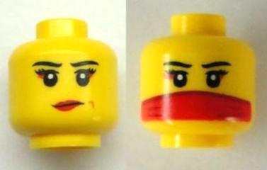 Minifigure, Head Dual Sided Female Black Eyebrows, Eyelashes, Red Eye Shadow and Lips, Smirk with Medium Nougat Dimple / Veil over Mouth Pattern