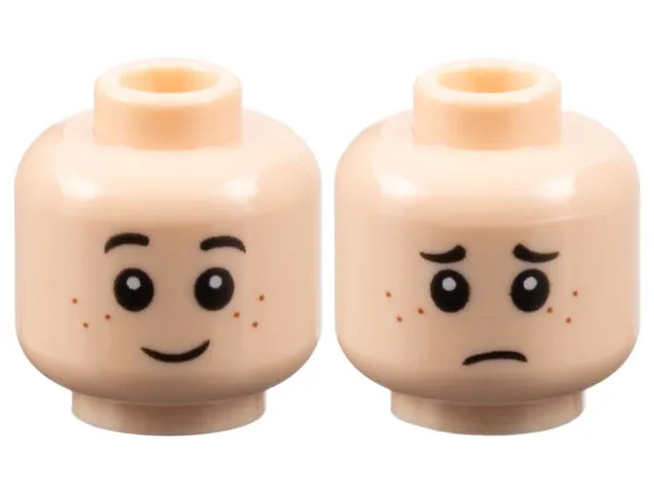 Minifigure, Head Dual Sided Child Black Eyebrows, Reddish Brown Freckles, Grin / Sad Frown Pattern