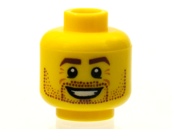 Minifigure, Head Beard Stubble, Brown Eyebrows, White Pupils, Crow's Feet, Open Smile Pattern