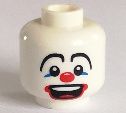 Minifigure, Head Black Long Arched Eyebrows, Blue Eye Shadow, Red Clown Nose and Drawn Lips, Large Open Mouth Smile with Top Teeth and Tongue Pattern