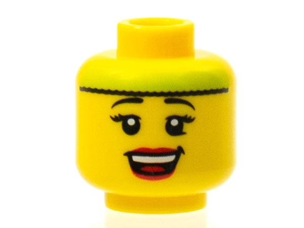 Minifigure, Head Female Lime Headband, Black Eyebrows, Eyelashes, Red Lips, Open Mouth Smile with Top Teeth and Tongue Pattern