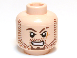 Minifigure, Head Dark Brown Eyebrows, Goatee and Beard Stubble, Upper Eyelids, Medium Nougat Scar on Left Cheek, Angry Bared Teeth Pattern