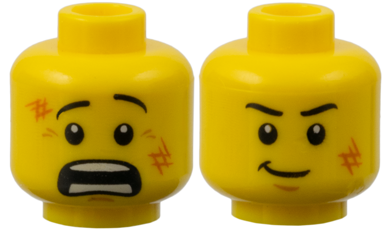 Minifigure, Head Dual Sided Black Eyebrows, Dark Orange Scuff Marks, Medium Nougat Chin Dimple, Scared Open Mouth with Teeth Parted / Smirk Pattern