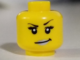 Minifigure, Head Female Black Arched Eyebrows, Eyelashes, Smirk with Silver Lips Pattern