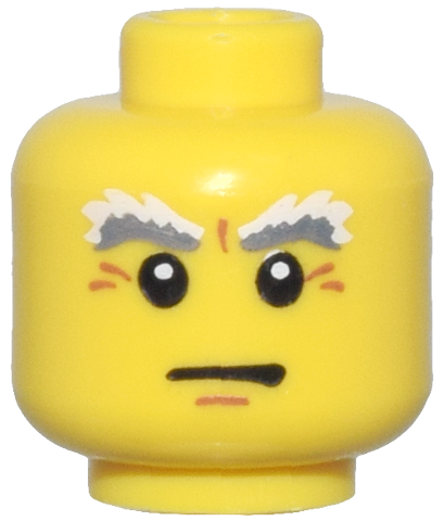 Minifigure, Head Dark Bluish Gray and White Bushy Eyebrows, Dark Orange Chin Dimple and Wrinkles, Neutral Pattern