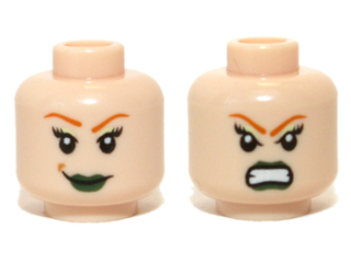 Minifigure, Head Dual Sided Female Green Lips and Orange Eyebrows, Smile / Bared Teeth Pattern