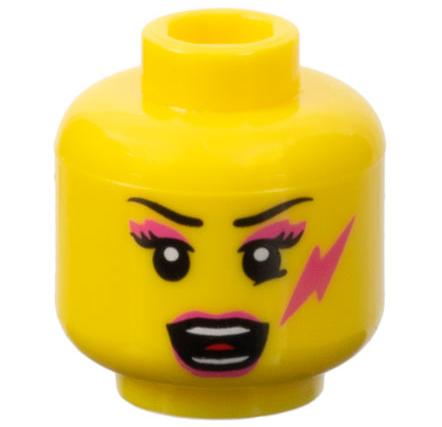 Minifigure, Head Female Black Thin Eyebrows, Eyelashes, Dark Pink Eye Shadow, Lips, and Lightning Bolt, Open Mouth with Teeth Parted and Red Tongue Pattern