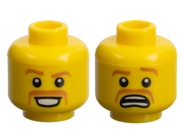 Minifigure, Head Dual Sided Medium Nougat Curved Eyebrows and Moustache, Happy / Scared Pattern