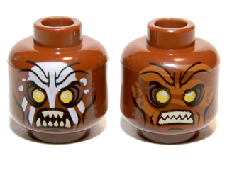 Minifigure, Head Dual Sided Alien Orc with Yellow Eyes, Dark Brown Eye Shadow and Spots, Black Cheek Lines and Chin Dimple, Furrowed Brow, White Face Paint and Angry Open Mouth with Tan Sharp Teeth Parted / Dark Orange Dirt Stains and Bared Teeth Pattern