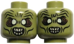 Minifigure, Head Dual Sided Alien Orc with Bright Light Yellow Eyes, Dark Brown Eye Shadow, Black Slit Nostrils, Cheek Lines and Wrinkles, Open Mouth with Tan Sharp Teeth, Wide Eyes / Narrow Eyes Pattern