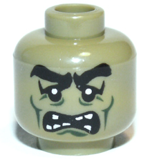 Minifigure, Head Alien Monster with Black Thick Eyebrows, Large Upper Eyelids, Dark Green Cheek Lines, Chin Dimple and Wrinkles, Open Mouth with Scattered Teeth Parted Pattern