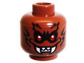 Minifigure, Head Alien Bat with Red Eyes, Black Eye Shadow and Fur Lines, Open Mouth Smile with Fangs and Sharp Teeth Pattern