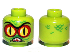 Minifigure, Head Alien with Swamp Creature with Red and Yellow Eyes with Dark Red Outline, Pointed Teeth and Scales Pattern