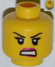 Minifigure, Head Female with Dark Pink Lips, Black Eyelashes and Angry Eyebrows, Crease under Eye, White Teeth Pattern