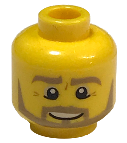 Minifigure, Head Dark Tan Eyebrows, Moustache and Angular Beard, Lower Eyelids, Medium Nougat Wrinkles, Lopsided Open Mouth Smile with Teeth Pattern