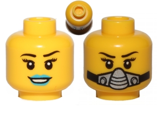 Minifigure, Head Dual Sided Female Black Eyebrows, Eyelashes, Dark Azure Lips, Open Mouth Smile with Teeth / Breathing Apparatus Pattern