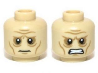 Minifigure, Head Dual Sided LotR Wrinkles and Sunken Eyes Worried / Angry Pattern (Grima)