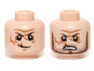 Minifigure, Head Dual Sided Scars and Gold Tooth, Crooked Smile, Clean Shaven / Angry, Beard and Stubble Pattern (Butch Cavendish)