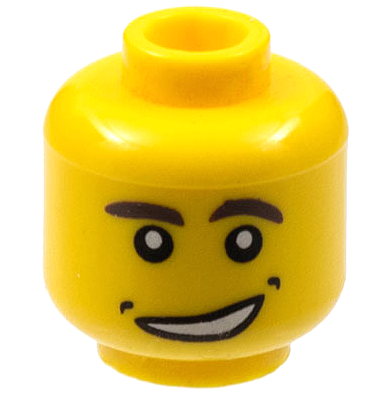 Minifigure, Head Dark Brown Thick Eyebrows, Dimples, Lopsided Open Mouth Smile with Teeth Pattern