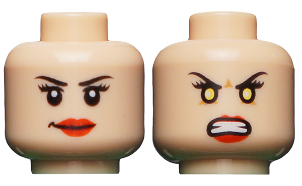 Minifigure, Head Dual Sided Female Eyelashes and Red Lips, Smile / Yellow Eyes Angry Pattern (Phoenix Jean Grey)