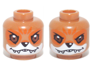 Minifigure, Head Dual Sided Alien Chima Fox with Black Nose, Reddish Brown Eyes, Orange Eye Shadow and Forehead Marks, White Muzzle and Sharp Teeth, Happy / Fierce Pattern