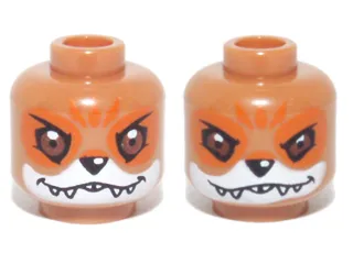 Minifigure, Head Dual Sided Alien Chima Fox with Black Nose, Reddish Brown Eyes, Orange Eye Shadow and Forehead Marks, White Muzzle and Sharp Teeth, Happy / Fierce Pattern
