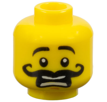 Minifigure, Head Black Eyebrows Raised, Curly Long Moustache, Medium Nougat Chin Dimple, Scared Open Mouth with Teeth Parted Pattern