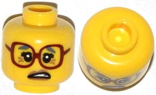 Minifigure, Head Female Glasses Dark Red, Gray Eyebrows, Crow's Feet, Side Open Mouth Pattern