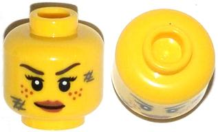 Minifigure, Head Female Dark Brown Eyebrows, Dark Orange Freckles, Eyelashes, Dark Bluish Gray Scratches, Dark Orange Lips Pattern