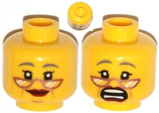 Minifigure, Head Dual Sided Female Copper Glasses, Gray Eyebrows, Red Lips, Cheek Lines, Smile / Scared Pattern