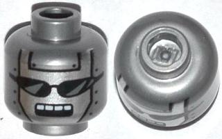 Minifigure, Head Alien Robot with Silver Face, Black Sunglasses, Rivets, and Open Rectangular Mouth with White Teeth Pattern