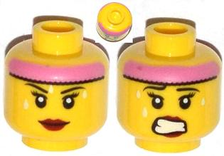 Minifigure, Head Dual Sided Female Pink Headband, Sweat Beads, Red Lips, Mouth Closed / Clenched Teeth Pattern