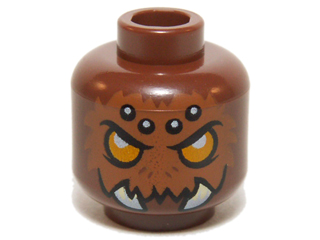 Minifigure, Head Alien Chima Spider with Bright Light Orange Eyes, Dark Orange Fur, Black and White Spots on Forehead, and White Fangs Pattern