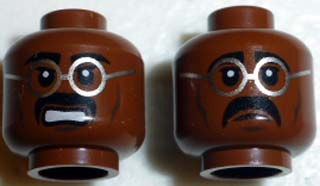 Minifigure, Head Dual Sided Black Thick Eyebrows and Moustache, Upper Eyelids, Round Glasses with Silver Frames, Dark Brown Cheek Lines and Chin Dimple, Angry Open Mouth with Teeth / Sad Frown Pattern
