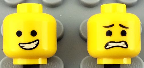 Minifigure, Head Dual Sided Open Smile with Teeth / Eyebrows, Scared Pattern