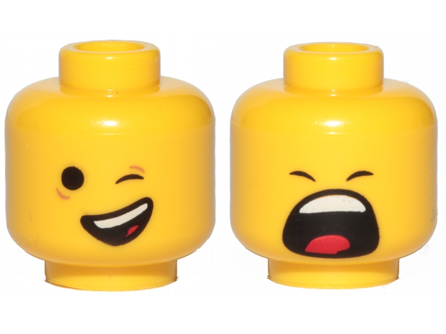 Minifigure, Head Dual Sided Winking and Lopsided Open Mouth Smile with Top Teeth and Red Tongue / Closed Eyes and Yawning Pattern
