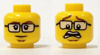 Minifigure, Head Dual Sided Dark Brown Eyebrows and Goatee, Black Glasses with White Lenses, Medium Nougat Chin Dimple, Slight Grin and Upper Eyelids / Scared Open Mouth with Teeth Parted Pattern